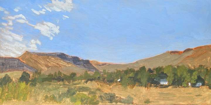 © 2026 Tracy Algar - original plein air oil painting of a morning view over Nieu-Bethesda - Karoo landscape