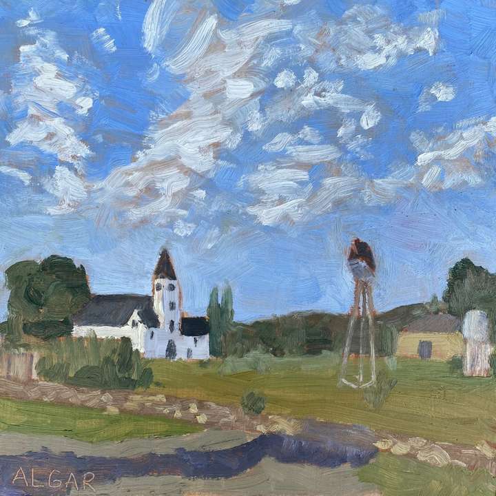 © 2026 Tracy Algar - original plein air oil painting of Nieu Bethesda Church - Karoo landscape