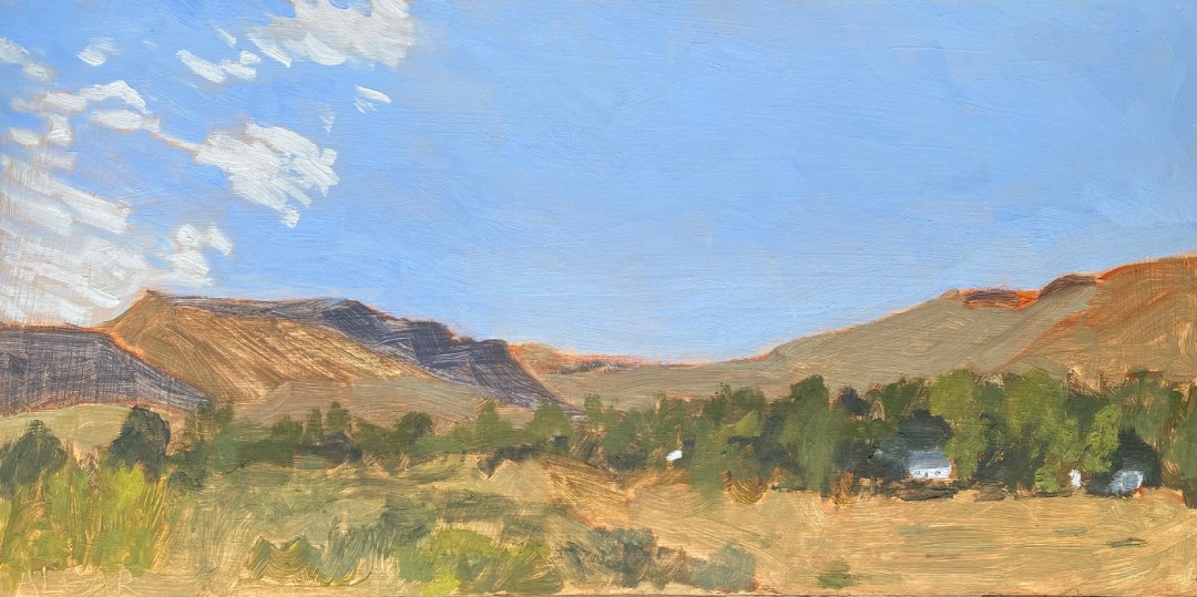 Morning View over Nieu Bethesda by Tracy Algar, oil on board, framed