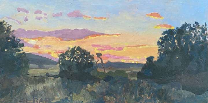 © 2025 Tracy Algar - original oil painting of an Autumn Sunset in Adendorp - Karoo farm landscape