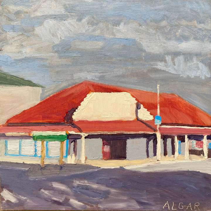 © 2026 Tracy Algar - original plein air painting of a closed 'Corner Shop' on Voortrekker Plein, Aberdeen