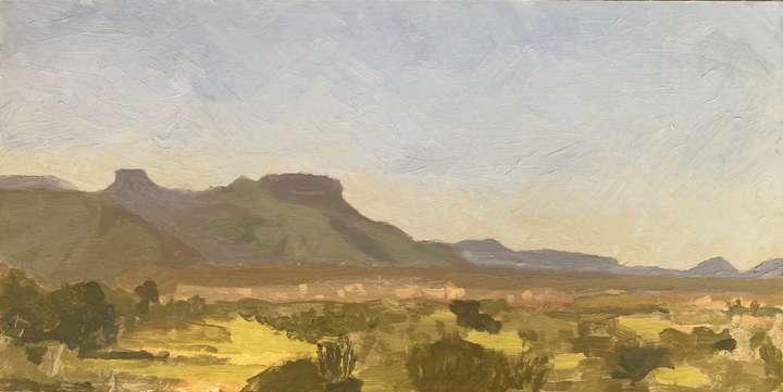 © 2026 Tracy Algar - original plein air oil painting of a dusty Karoo day - painted at the Graaff-Reinet Golf Club