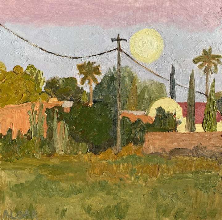 © 2025 Tracy Algar - original oil painting of Full Moon Rising over Adendorp Town Hall - Karoo landscape