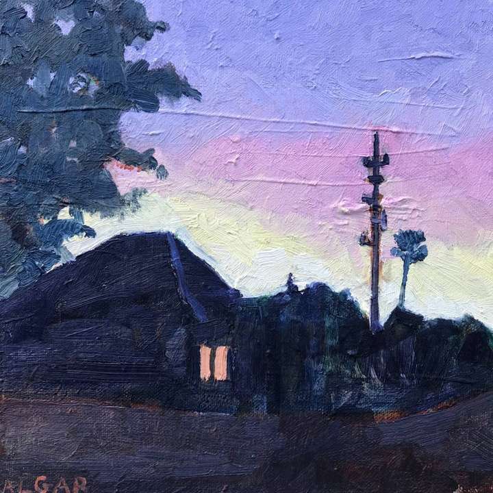 © 2023 Tracy Algar - original oil painting of The Corner of Bez and Du Toit Streets, Stanford - Overberg nocturne landscape